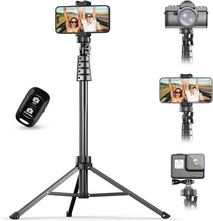 62" Phone Tripod & Selfie Stick with Wireless Remote and Phone Holder, Compatible with iPhone and Android for