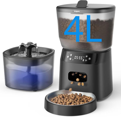 Automatic Cat Feeder and Water Fountain, 4L/16 Cups Timed Cat Dry Food Dispenser, 10s Meal Call, 20 Portions 6 Meals