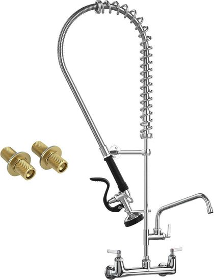 Commercial Faucet with Sprayer, 36" Height 8 Inch Center Brass Constructed Wall Mount Kitchen Sink Faucet with Pull