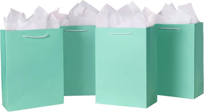 10 Pack Aquamarine Green Gift Bags with Tissue Paper | 8x4x11inch Bridesmaid Gift Bag, Wedding Paper Bag, Medium