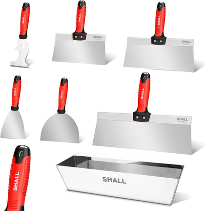 Drywall Tool Kit, 7 Pcs Stainless Steel Set Includes Putty Knife, Taping Knife, Painter Scraper Tool & 12" Mud Pan