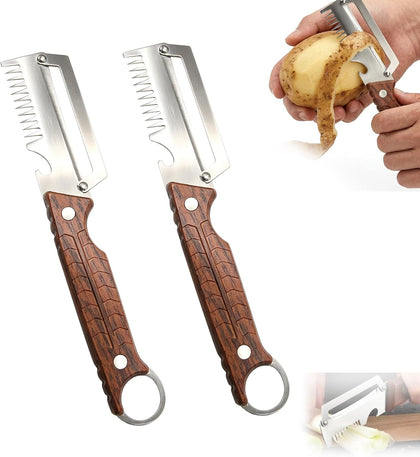 2-Pack Multi-Functional Vegetable Peeler, 3 in 1 Multi Functional Wooden Handle Peeler and Bottle Opener, Kitchen