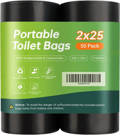50 portable toilet bags for camping, 8 Gallon 1.3 Mil Thickened Compostable Toilet Replacement Bags for Portable
