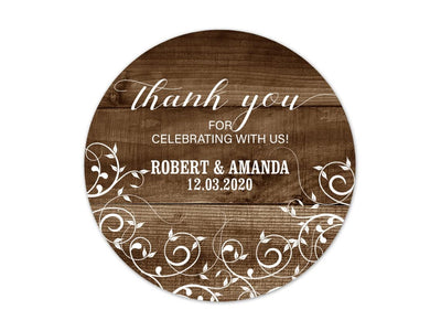Personalized Rustic Wedding Favor Thank You Stickers 36pc, 2 inch Round Stickers, Thank You for Celebrating with Us