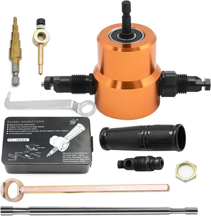 360 Degree Double Head Sheet Metal Nibbler Cutter, Drill Attachment Metal Cutter with Extra Punch and Die, Cutting