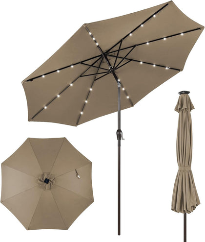 9ft/10ft Outdoor Patio umbrella with Solar Lights, Table Market Umbrella with Crank and Push-button Tilt System