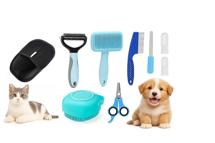 9-in-1 Pet Grooming Kit, Self-Cleaning Slicker Brush, Deshedding Rake, Lint Remover, Nail Clipper & More, Complete