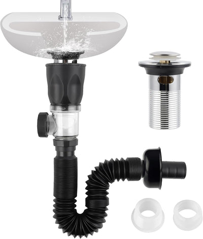 Bathroom Sink Drain Kit, Drain Pipe with Pop-Up Strainer Stopper, Chrome | Hair Catcher/Expandable/Flexible Bathroom