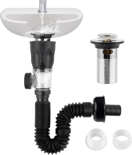 Bathroom Sink Drain Kit, Drain Pipe with Pop-Up Strainer Stopper, Chrome | Hair Catcher/Expandable/Flexible Bathroom