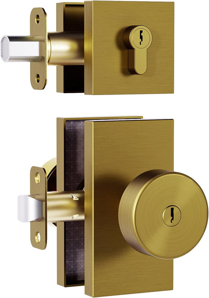 Antique Brass Vintage Exterior Door Knob with Deadbolt and Key | Front Door Lock Set Entry Door Knobs Door Handles
