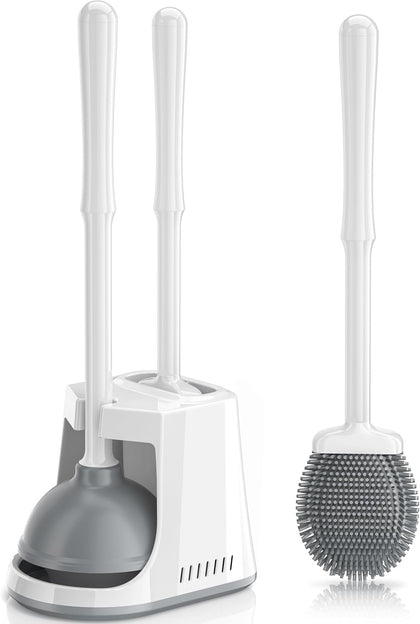 Unique Toilet Plunger and Brush, Silicone Brush and Heavy Duty Toilet Plunger Set with Ventilated Holder, 2-in-1