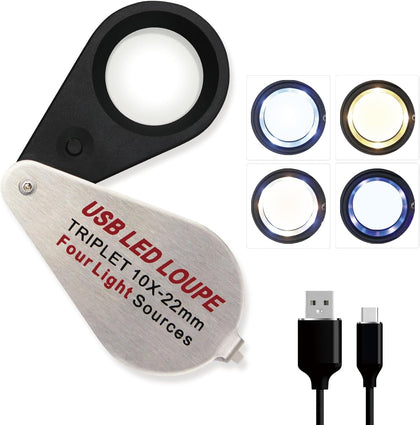 10X Rechargeable Jewelers Loupe with UV & LED Lights, Four Light Modes, Illuminated 22mm Eye Loop Magnifier Pocket