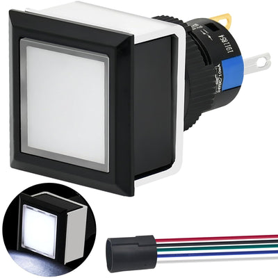 Square Latching Push Button Switch 21 * 21mm 0.83“ Mounting Hole Ultra Thin Flat Button with White Light 12V-24V DC SPDT 5 Pin On Off Waterproof Button with Wire