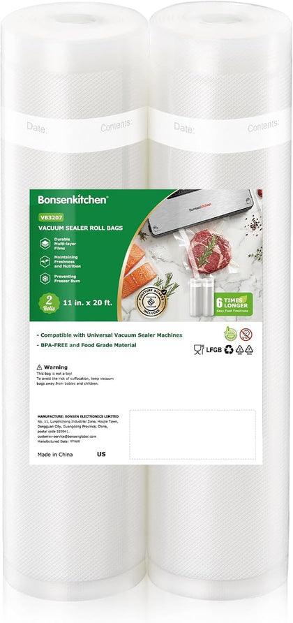 Vacuum Sealer Bags, 11" x 20' Rolls, 2 Pack