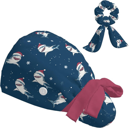 Scrub Caps Women Ponytail, Adjustable Surgical Caps with Buttons and Sweatband, Bouffant Hat with Hair Scrunchy