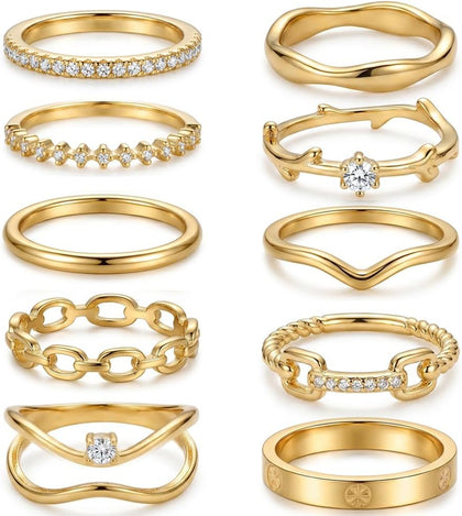 14K Gold Plated Stackable Rings for Women, Non Tarnish Cubic Zirconia Dainty Band Set, Wedding Engagement & Promise