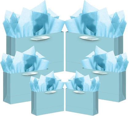 24PCS Lake Blue Gift Bags with Ribbon Handles Mulit Assorted Sizes Gift Wide Bags (4pcs Large 13", 10pcs Medium 9.6"