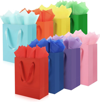 8 Pack Medium Gift Bags With Handles and 16 Tissue Paper, 8" X 5" X 10" Paper Bags Bulk for Birthday Party, Baby