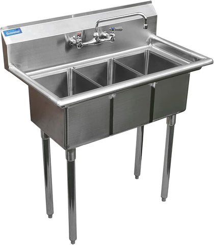Stainless Steel Sink - 3 Compartment Sink 10"x14"x10" with Legs and Faucet | Utility | Commercial | Laundry | Kitchen