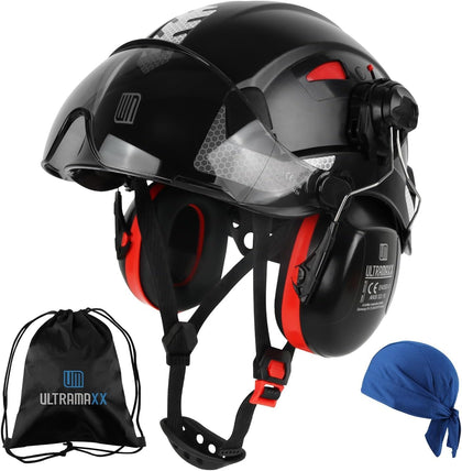 Safety Helmet Hard Hat and Ear Protection, ANSI Z89.1 Approved Lightweight Vented Work Helmet Kits, 6-Point