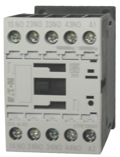 Eaton / Moeller DILA-40 4 pole control relay with a 24 volt AC coil. Comes with 4 N.O. base contacts, rated for 16 AMPS and mounts on standard 35mm DIN rail