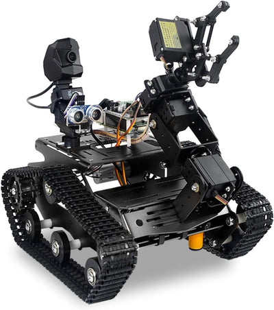 Smart WiFi Robot Kit with Raspberry Pi 5, 4DOF Robotic Arm Track Tank Chassis Robot Car with 2DOF HD Camera