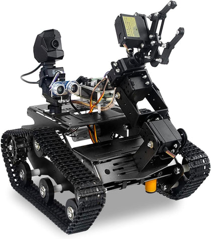 Smart WiFi Robot Kit with Raspberry Pi 5, 4DOF Robotic Arm Track Tank Chassis Robot Car with 2DOF HD Camera