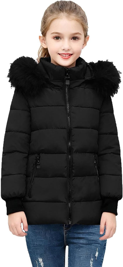 Girls Winter Coat Long Quilted Puffer Jacket Warm Fleece Parka with Removable Hood Teens Waterproof Thick Snow Outerwear