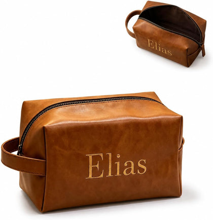 Custom Leather Toiletry Bag for Men Personalized Embroidered Dopp Kit Customize Name Travel Bag Gifts for Husband Dad