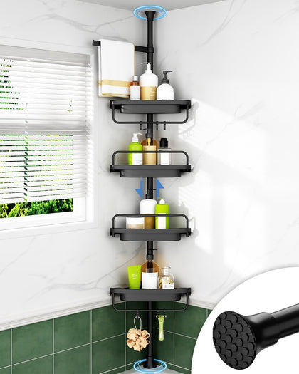 Corner Shower Caddy Tension Pole, Extendable Rustproof Stainless Steel Pole & 4-Tier Adjustable Shelves for Easy