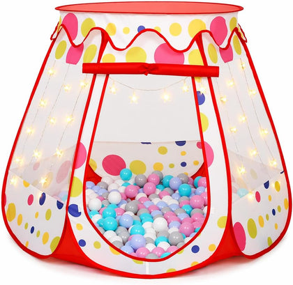 PopUp Princess Tent, Toddler Girl Toys Baby Ball Pit with LED Star Lights, Foldable Kid Play Tent with Carrying Bag