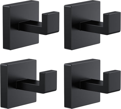 4 PCS Towel Hooks for Bathroom, Wall Mount Towel Holder, Black Matte Wall Robe Hook,Square Stainless Steel Door