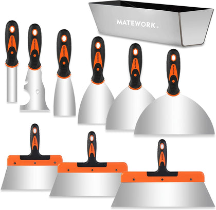 Putty knife,10 Piece Stainless Steel Paint Scraper Tool Set,14" Mud Pan for Repairing Drywall, Removing Wallpaper