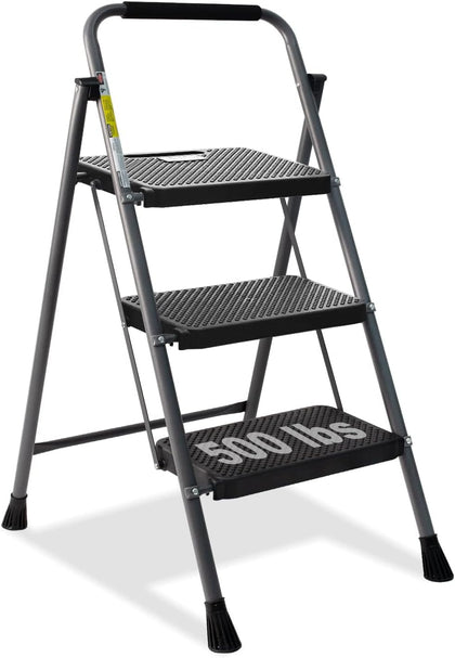 3 Step Ladder, GOLYTON Folding Step Stool with Anti-Slip Wide Pedal & Convenient Handgrip, 500lbs Capacity Steel