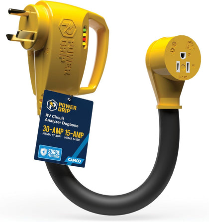 Power Grip RV 12" 30-Amp Circuit Analyzer Dogbone - Features Integrated Surge Protection & Fault Indication, 12"