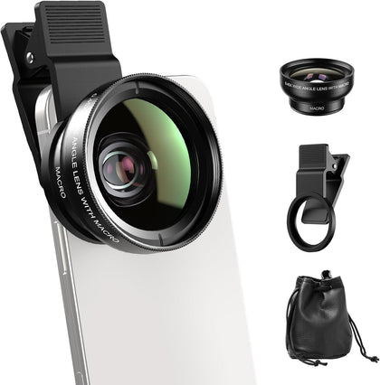 0.45x Wide Angle & 12.5X Macro Lens, Clip-On Phone Camera Kit | for iPhone & Android – Perfect for Selfies, Travel