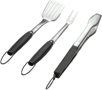 3 Piece Stainless Steel BBQ Grill Tool Set w/Tongs, Spatula & Fork - Accessories for Outdoor Barbecue Grills (3 Piece