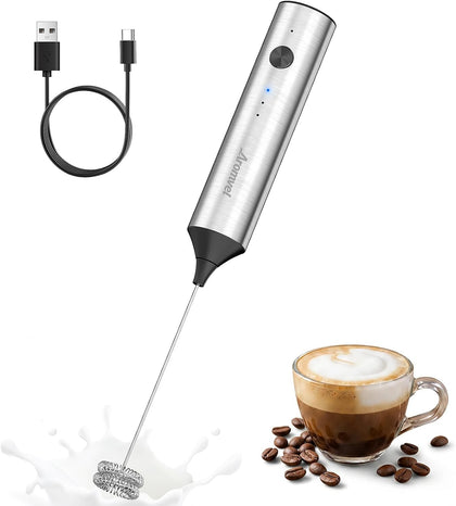 Rechargeable Milk Frother Handheld, 3 Speeds for Coffee, Latte | Electric Foam Maker with Dual Spring Whisk, Hot