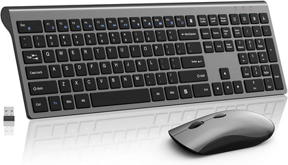 Slim Silent Full Size Wireless Keyboard Mouse Combo Space Grey | With calculator key, 2400 DPI quiet mouse, USB