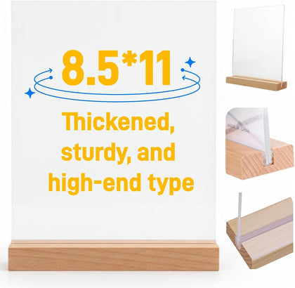 Acrylic Sign Holder 8.5x11 Inch with Solid Wood Base - Thick & Stable Clear Menu Stand for Restaurant, Table, Desk