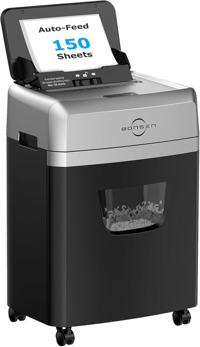 150-Sheet Autofeed Micro-Cut Heavy Duty Paper Shredder for Office | 60 Mins Non-Stop, P-4 High Security, Dual Auto &