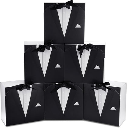 6 Groomsmen Gift Box Tuxedo Desian with Ribbon, Black