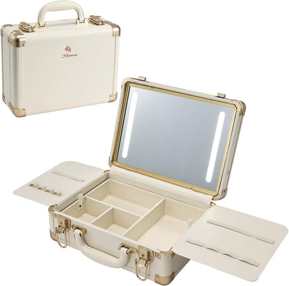 Lighted Makeup Case with Detachable Tray, Beige Vegan Leather Makeup Box Rechargable 3-Color LED Mirror, Travel Train