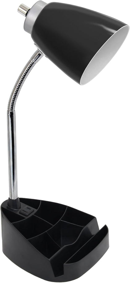 LD1057-BLK Gooseneck Organizer Desk Lamp with iPad/Tablet Stand or Book Holder and Charging Outlet, Black