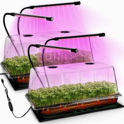 2-Pack 1020 Seed Starter Trays with Heat Mat and Clip-On Grow Light | 7.3" High Dome, Adjustable Gooseneck Light, for