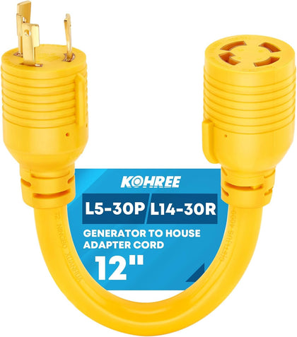 NEMA L5-30P to L14-30R Generator Adapter Cord | 12'', 3 Prong to 4 Prong Generator Adapter, STW 10 AWG, 30 Amp