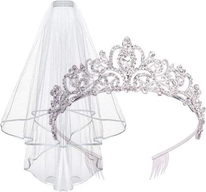Tiara and Lace Bridal Veil, Crown Wedding Veils and Headpieces for Women, White Veils for Brides Tiaras for Women