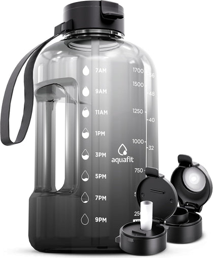 Half Gallon Water Bottle with Time Marker | BPA Free Half Gallon Water Bottle with Straw and Chug Lids - Leakproof
