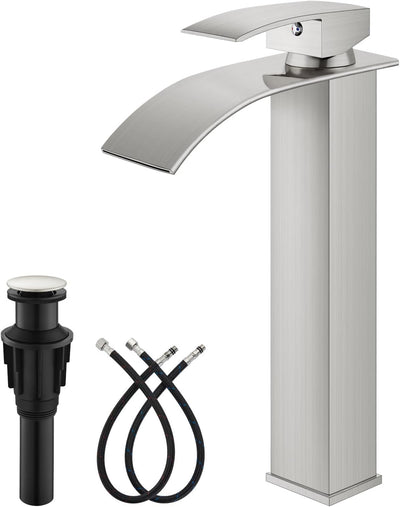 Modern Waterfall Tall Bathroom Faucet 1 Hole, Brushed Nickel