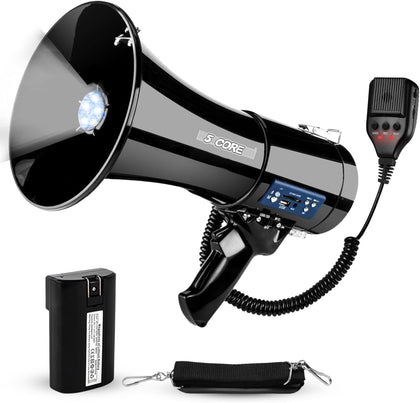 Megaphone Bullhorn 50W Speaker w Bluetooth LED Siren Handheld Mic Adjustable Volume Shoulder Strap Loud Clear Audio